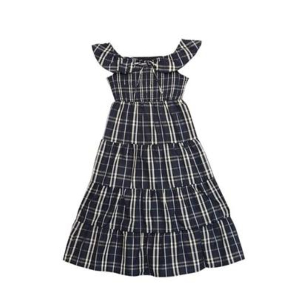 Beautees Big Girls Smocked Bodice Plaid Taffeta Tiered Maxi Dress Navy Size 16